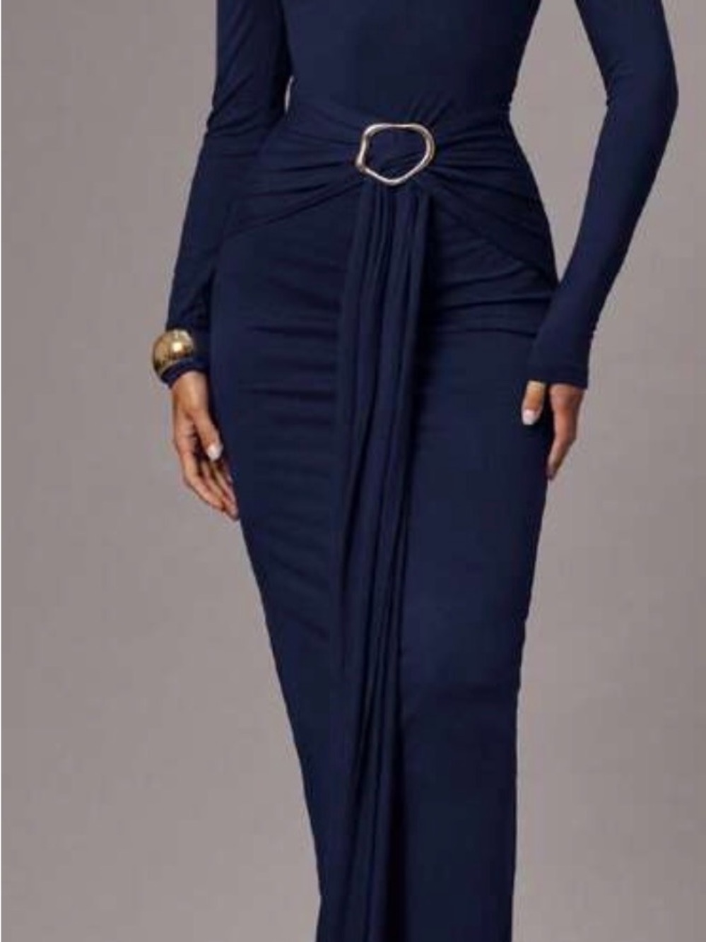Navy Drape Front Maxi Dress with Gold Ring Detail